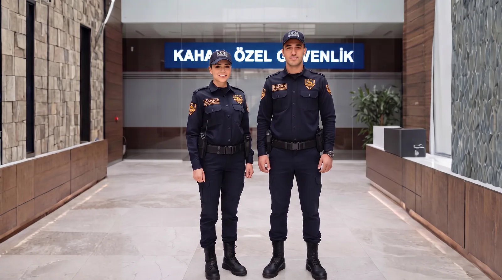 Kahan Özel Güvenlik üniformalı iki görevli bir bina lobisinde