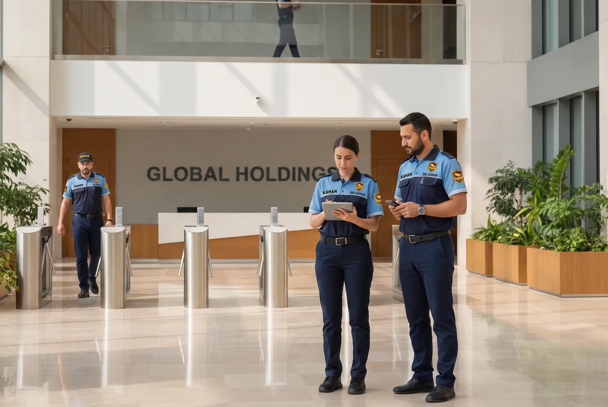 Plaza lobisinde turnike kontrolü yapan güvenlik görevlileri